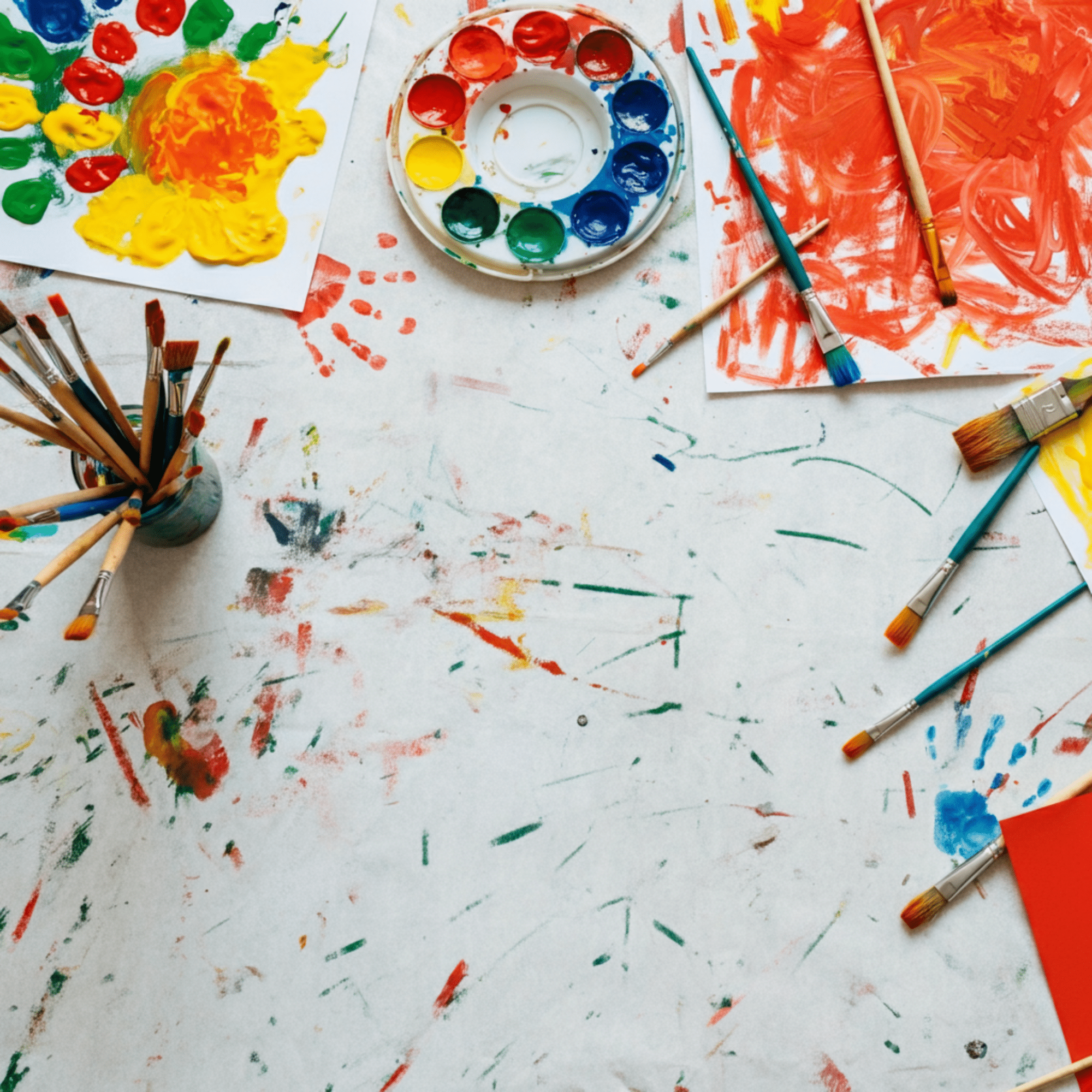 Brushes, paints, and drawing supplies